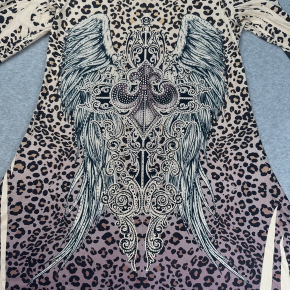 Leopard Print Tunic Top Size M Rhinestone Angel Wing Fleur-de-lis Sharkbite Y2K - Picture 4 of 9